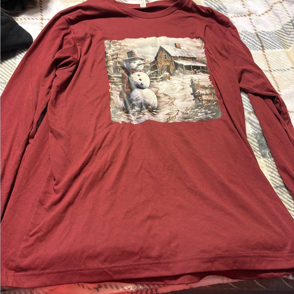 Bella Canvas Maroon Long Sleeve Shirt with Snowman Design